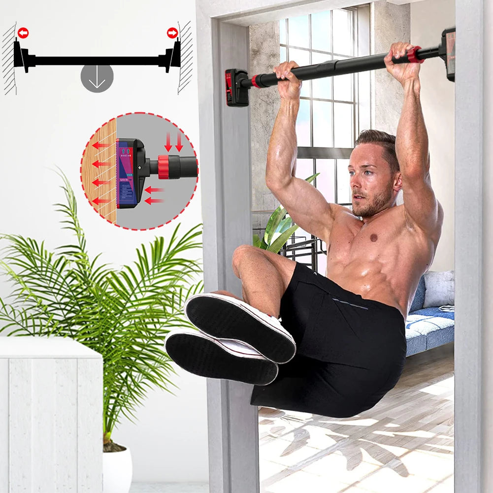 Man exercising using a pull-up bar in a home setting with plants and a couch.
